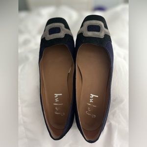 French Sole fs/ny Black suede with grey and navy accents Square Toe Flat 8.5